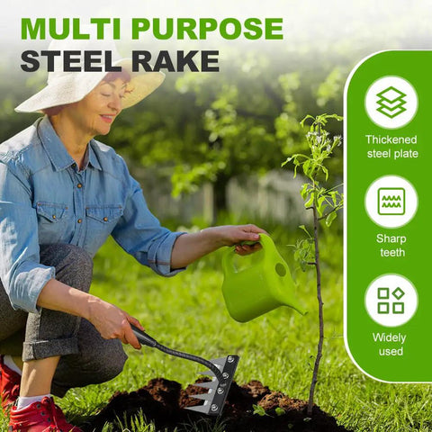 Heavy Duty Weeding Rake Version 2 With 5 6 7 8 Teeth Carbon Steel Garden Tool shown with gardener in yard