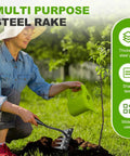 Person using Weeding Rake 2.0 Workhorse Garden Weeder Tool With Carbon Steel Teeth for loosening soil near small tree.