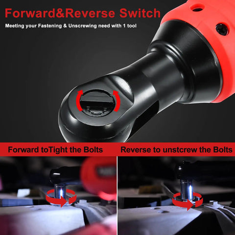 Kickass 3 8 Cordless Ratchet Wrench Kit Packing 40 Ft Lbs Of Beefy Torque With Variable Speed Trigger showing forward and reverse switch.