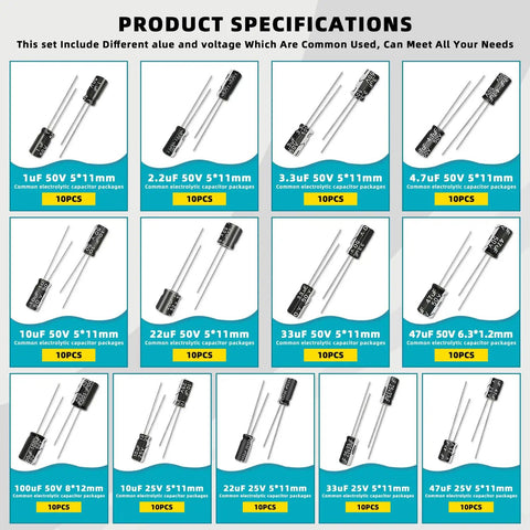 260 Pcs Electrolytic Capacitor Assortment Kit With 26 Values Spanning 1 UF To 1000 UF Marked Cases displayed in various values.