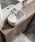 Bathroom vanity with 30 Pack 5 Inch Square Matte Black Cabinet Handles For Cabinets Drawers And Dressers, installed on wooden drawers under a white sink.