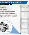 Heavy Duty Five Tier Wire Shelving Unit With Rolling Caster Wheels And Waterproof Liners showcasing adjustable shelves and locking wheels.
