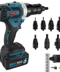 Kickass Cordless Rivet Gun Kit With Dual 5200Mah Batteries, Smooth Electric Riveting Wrench, Auto Adjusting Bolt And Nut Driver, No Hassle Power Gear For Weekend Warriors And Pros placed next to various bolt sizes.