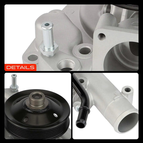 Close-up of Heavy Duty Engine Water Pump Assembly with Aluminum Housing, black impeller, and connector hoses for Ram 2500 3500 6.4L Hemi V8.