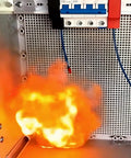 Fire igniting inside electrical panel showcasing potential hazards with Automatic Din Rail Fire Extinguisher With Dual Nozzle Heads And Smart Heat Trigger For Electrical Panels Quick Smoke Shutdown And No Sweat Setup Serious Blaze Beatdown For House Circuits.