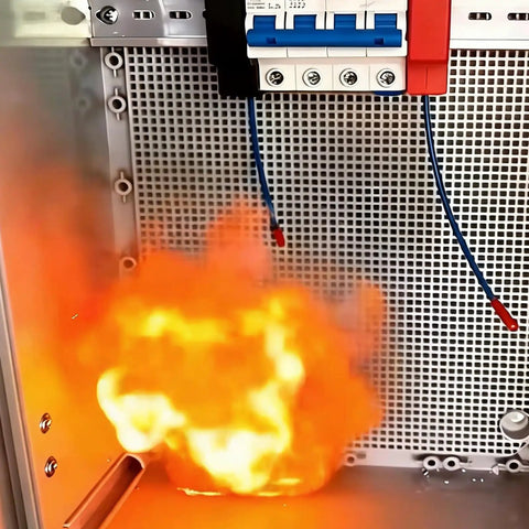 Fire igniting inside electrical panel showcasing potential hazards with Automatic Din Rail Fire Extinguisher With Dual Nozzle Heads And Smart Heat Trigger For Electrical Panels Quick Smoke Shutdown And No Sweat Setup Serious Blaze Beatdown For House Circuits.