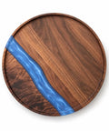 Solid Walnut Wood And Epoxy Resin Lazy Susan Turntable round design featuring blue resin and smooth wood grain.