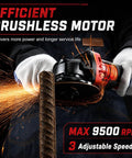 Heavy Duty Brushless Cordless Angle Grinder Kit, 4.5 Inch 3 Speed Cutting Tool in use cutting steel with sparks.