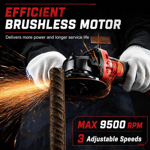 Heavy Duty Brushless Cordless Angle Grinder Kit, 4.5 Inch 3 Speed Cutting Tool in use cutting steel with sparks.