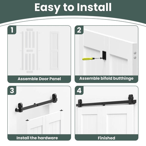 Installation guide for 60 By 84 Inch Bifold Barn Door Kit With H Shape Hardware For Tight Squeezes, showing assembly steps.