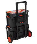 Workhorse Light Duty Modular Rolling Toolbox System With Telescopic Handle And Mobile Base With Two Rugged Rubber Wheels Top Toolbox With Ten Removable Bins Mid Compartment With Lift Out Tray 176 Pound Weight Capacity