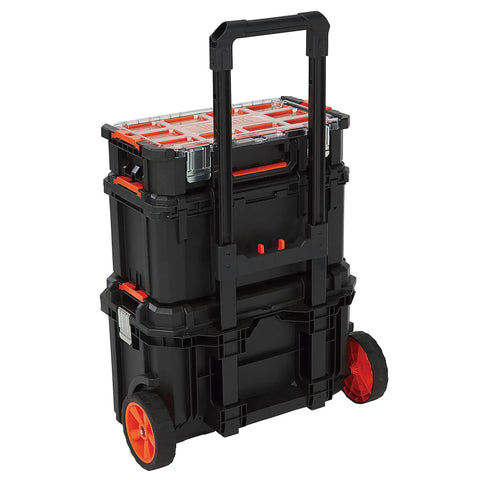 Workhorse Light Duty Modular Rolling Toolbox System With Telescopic Handle And Mobile Base With Two Rugged Rubber Wheels Top Toolbox With Ten Removable Bins Mid Compartment With Lift Out Tray 176 Pound Weight Capacity