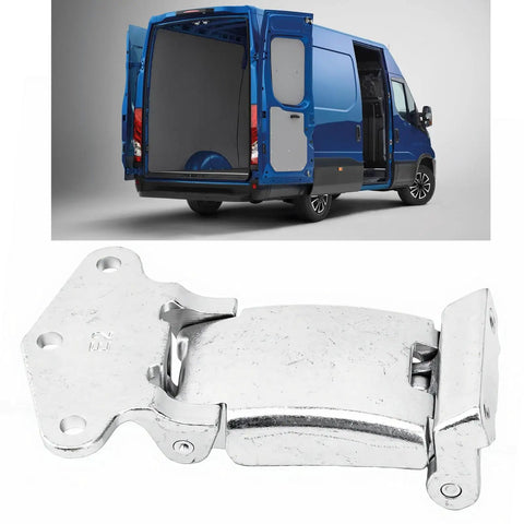 Heavy Duty Upper Rear Door Hinge Replacement Pair For Daily Trucks 2014 Plus, steel hinge close-up on blue commercial van.