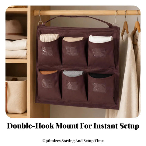 Slick Heavy Duty Six Pocket Hanging Closet Organizer With Reinforced Carry Handle And Breathable Storage Slots For Streamlined Wardrobe Sorting And Daily No Stress Organization In Matte Black, featuring double-hook mount.