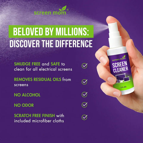 Hand holding 2oz bottle of Streak Free Screen Cleaner Spray Kit With Microfiber Cloths For TV, Computer, Phone, and Tablet.