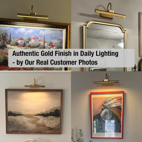 Cordless Picture Light With Dimmable Brightness And Timer, Controller Included, illuminating art, mirror, and paintings in gold finish