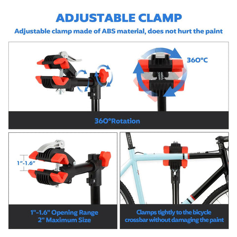 Floor Bike Repair Stand With Height Adjustable Arm And Tool Tray For Road And Mountain Bikes, 360° swivel clamp detail.