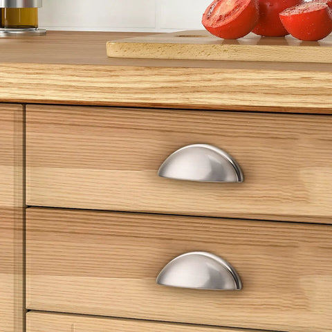 Installed 5 Pack Brushed Nickel Cup Cabinet Pulls With 3 Inch Hole Centers on wooden kitchen drawers
