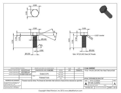 Premium Grade 2 Titanium Hex Head Bolts 1/4-20 X 3/4 UNC Threads Pack Of 20 Polished Finish technical drawing