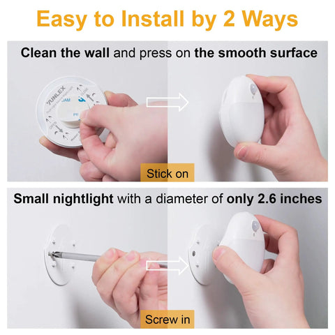 Two Pack Motion Sensor Night Lights For Indoor Use 2.6 Inch Stick On LED Lights installation methods