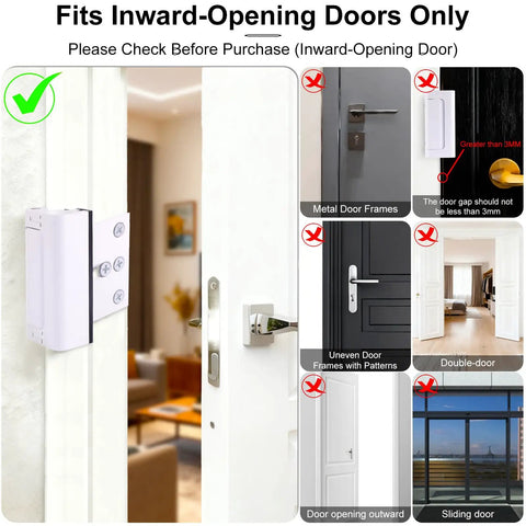 2-Pack Heavy-Duty Door Security Lock and Childproof Reinforcement Latch Hella Tough with 800 Lbs Force Rating for Kick-Proof Entry Protection Includes Hardware for Easy Install in White fitted on inward-opening door frame.