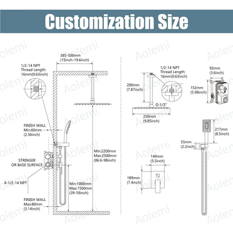 Dope Matte Black Ceiling Mount Shower System With Dual Function Rainfall Overhead Shower Head And Handheld Spray All Metal Brass Construction 10 Inch ABS Shower Head Rough In Valve And Trim Kit Included High Pressure customization size diagram