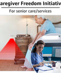 Caregiver Freedom Initiative for senior care/services, man in bedroom and nurse at desk with Wireless Motion Sensor Door Chime With 4 LED Indicators And Vibration No Drill Easy Install Doorbell Alarm For Home Office Store School 17 Ringtones And Syncable Alerts Indoor Use