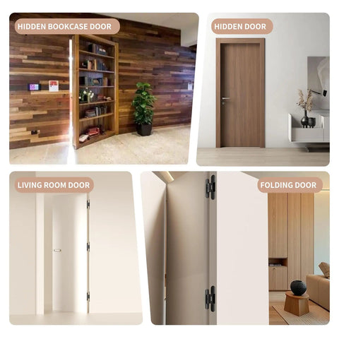 Built Tough 6-Inch Hidden Door Hinge With 3 Way Adjustable Concealed Mechanism Heavy Duty Steel Construction Perfect For Interior Rooms Smooth Zero Sag Operation Effortless Wall Mount Installation in a living room with various door types.