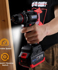 21V Cordless Workhorse Drill With 60Nm Torque And 1750Rpm Variable Speed Running Rock Solid On Dual Lithium Batteries Along With 17 Versatile Bits For No Sweat Diy Crews And Pros, showing user drilling into wood.