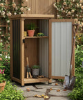 Slim Outdoor Storage Cabinet With Weatherproof Roof Wood And Metal Construction Removable Shelf Lockable Door Two Hinges Adjustable Feet Ideal Under Counter Or Balcony Storage For Small Spaces in a garden setting.