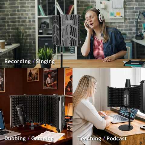 High Density 5 Panel Microphone Isolation Shield With Desktop Mic Stand For Home Studio Recording And Vocal Booth in use for singing.
