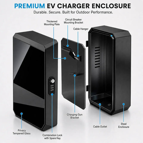 Badass Outdoor EV Charger Enclosure With Sturdy Pedestal Stand And Hella Secure Combination Lock For Garage Or Driveway Weatherproof Electric Vehicle Box with steel housing and tempered glass door.