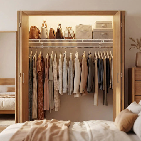Built Tough Wall Mounted Closet Shelves Featuring Ventilated Heavy Duty Metal Wire Organizers With Sturdy Adjustable Hanging Rods for clothes and bags.