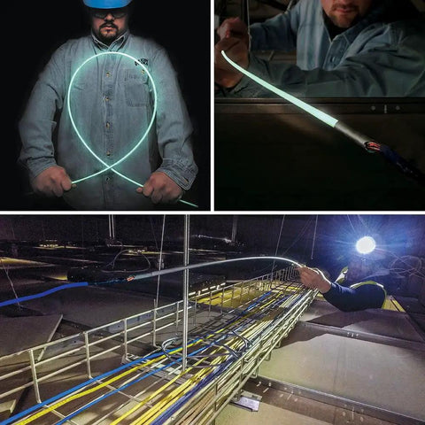 Mid Flex Glow Rod Set With Splinter Guard Coating, Six 18 Inch Glow Rods in use for wire pulling and illuminating workspaces