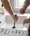 A person using a Heavy Duty Three Meter Drain Snake With Drill Attachment For Crushing Gnarly Pipe Clogs And Kitchen Snags In The Bathroom Or Sink.