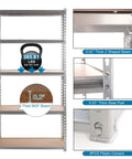 Built Tough Five Tier Storage Shelves With Thick Durable Mdf Boards And Reinforced Steel Frame showing 385.81 lbs support and details.