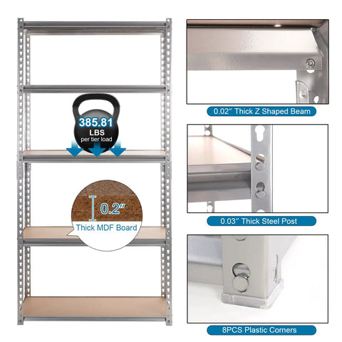 Built Tough Five Tier Storage Shelves With Thick Durable Mdf Boards And Reinforced Steel Frame showing 385.81 lbs support and details.