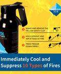 Game Changer Lithium Ion Battery Fire Extinguisher Aerosol Spray for Electric Vehicles and Chargers Patent Pending Safe Formula Non Toxic Hella Compact for Garage or Office Quick Stop to Thermal Runaway Danger 2 Pack Included instructional infographic showing how to use spray.