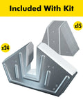 Custom Shed Kit with Peak Roof brackets, 22 gauge steel, showing 15 peak and 24 corner components, kit excludes lumber