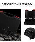 Rock Solid Portable Plastic Toolbox With Reinforced Lid And Grippy Carry Handle For Built Like A Tank Workshop Storage And Knockout Gear Organization On The Go with black finish and sturdy handle.
