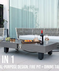 54 Inch Propane Fire Pit Table With Rain Cover For Outdoor Patio Backyard Or Deck 50 000 BTU Gas Heater Rectangular Modern Wood Look Fire Pit Durable Stainless Steel Burner Bowl Effortless Setup And Use shown on patio with chairs