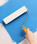 High Density Polyurethane Paint Roller 10 Piece Set applying smooth paint on a wall with a white foam roller.