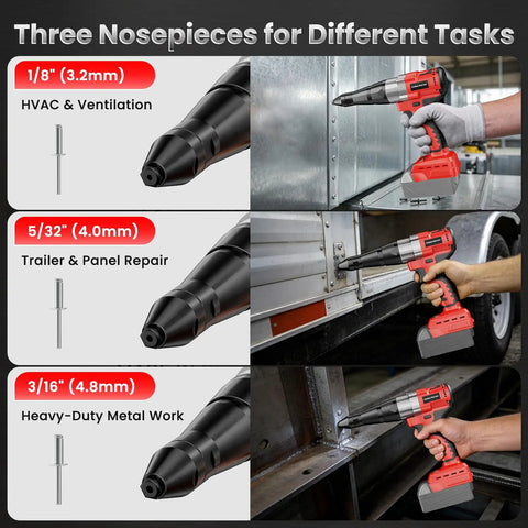 Heavy Duty Brushless Cordless Rivet Gun Compatible With Milwaukee M18 Batteries for automotive tasks and metal work.