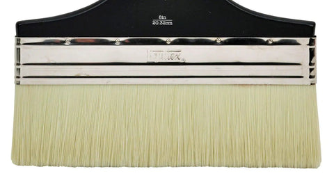 Large Scale Broad Flat Varnish Brush, 8 Inch, Perfect For Dragging And Broad Gestural Strokes On Large Surfaces. Front view of bristles.