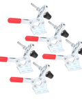 5Pcs Toggle Clamp Set With Quick Release And Hold Down Capability For Vertical Fixtures Heavy Duty 30Kg Clamping Force Easy 88 Degree Handle Tough As Nails Workholding Tool For Woodworking And Metalworking Projects, showing five metallic clamps with red handles.