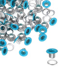 Heavy Duty Metal Grommets Kit With Corrosion Proof Washers 4Mm And Five Thirty Two Inch Sky Blue Eyelets scattered, showing silver and blue grommets.