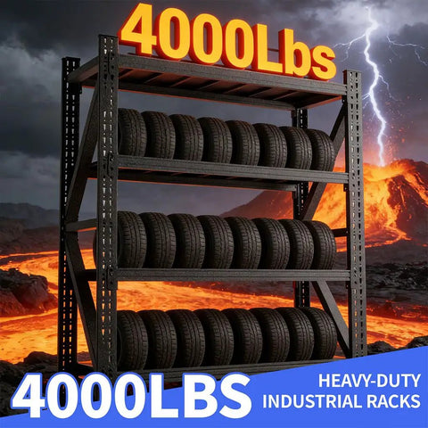 Tough As Nails Four Tier Heavy Duty Garage Shelving And Reinforced Steel Storage Rack With Locking Pins, holding tires, 4000 lbs capacity.