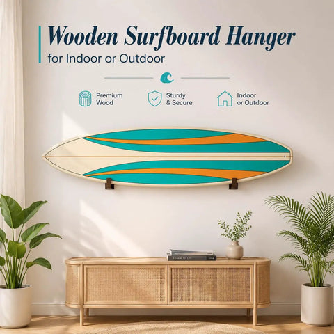 Premium Solid Pine Wood Wall Mount Surfboard Rack Hanging System For Indoors And Patios With A Gnarly Smooth V Shape Cradle And Legit Storage Setup For Longboards And Paddleboards, showcasing board mounted on wall.