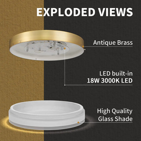 Exploded view of Close To Ceiling LED Flush Mount Light 18W 3000K Warm White With Thick Glass Shade in Brass finish, 12-inch.
