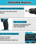Detailed view of Top Notch Brushless Cordless Drill Set featuring soft grip handle, heat dissipation vents, and bit installation guide.